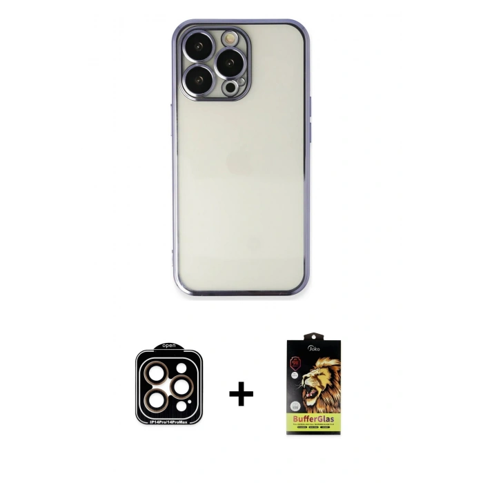 MARSİLYAN™- iPhone 14 Pro Max Kılıf Vadi Minimal - Siyah Buffer Cam Ekran Koruyucu + PVD Metal Kamera Lens - TU