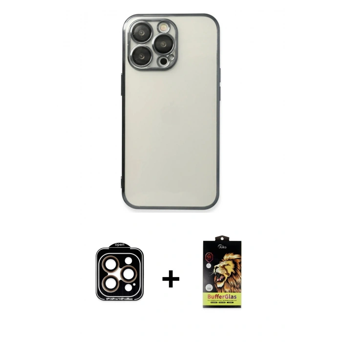 MARSİLYAN™- iPhone 14 Pro Max Kılıf Vadi Minimal - Siyah Buffer Cam Ekran Koruyucu + PVD Metal Kamera Lens - TU