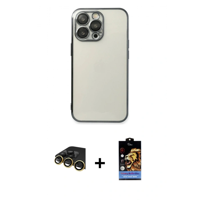 MARSİLYAN™- iPhone 14 Pro Max Kılıf Vadi Minimal - Siyah Buffer Hayalet Cam Ekran Koruyucu + Raze Metal Kamera Lens - GD