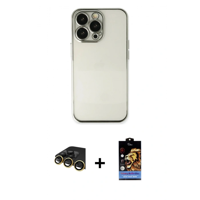 MARSİLYAN™- iPhone 14 Pro Max Kılıf Vadi Minimal - Siyah Buffer Hayalet Cam Ekran Koruyucu + Raze Metal Kamera Lens - GD