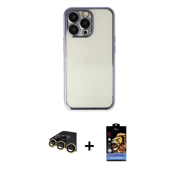 MARSİLYAN™- iPhone 14 Pro Max Kılıf Vadi Minimal - Siyah Buffer Hayalet Cam Ekran Koruyucu + Raze Metal Kamera Lens - GD