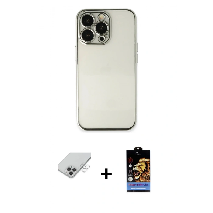 MARSİLYAN™- iPhone 14 Pro Max Kılıf Vadi Minimal - Siyah Buffer Hayalet Cam Ekran Koruyucu + Gümüş Band Metal Kamera Lens