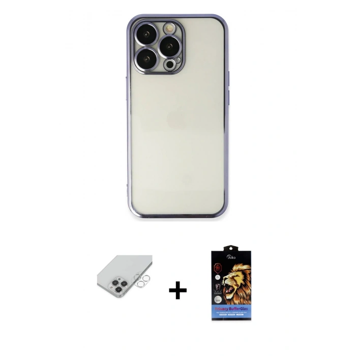 MARSİLYAN™- iPhone 14 Pro Max Kılıf Vadi Minimal - Siyah Buffer Hayalet Cam Ekran Koruyucu + Gümüş Band Metal Kamera Lens