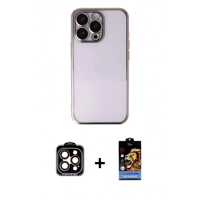 MARSİLYAN™- iPhone 14 Pro Max Kılıf Vadi Minimal - Siyah Buffer Hayalet Cam Ekran Koruyucu + PVD Metal Kamera Lens - TU