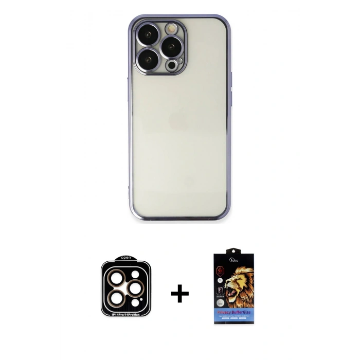 MARSİLYAN™- iPhone 14 Pro Max Kılıf Vadi Minimal - Siyah Buffer Hayalet Cam Ekran Koruyucu + PVD Metal Kamera Lens - TU