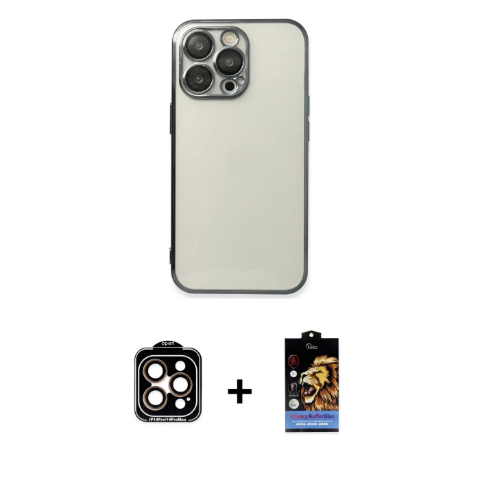 MARSİLYAN™- iPhone 14 Pro Max Kılıf Vadi Minimal - Siyah Buffer Hayalet Cam Ekran Koruyucu + PVD Metal Kamera Lens - TU