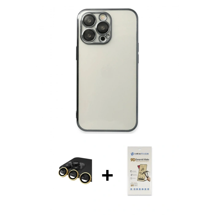 MARSİLYAN™- iPhone 14 Pro Max Kılıf Vadi Minimal - Siyah Mat Seramik Nano Ekran Koruyucu + Raze Metal Kamera Lens - GD