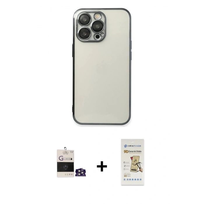 MARSİLYAN™- iPhone 14 Pro Max Kılıf Vadi Minimal - Siyah Mat Seramik Nano Ekran Koruyucu + Gümüş Bilvis Titan Kamera Lens