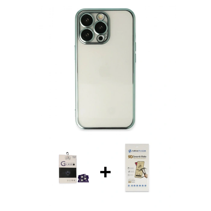 MARSİLYAN™- iPhone 14 Pro Max Kılıf Vadi Minimal - Siyah Mat Seramik Nano Ekran Koruyucu + Gümüş Bilvis Titan Kamera Lens