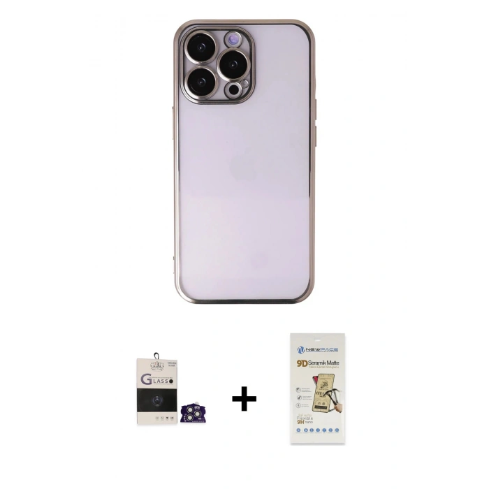 MARSİLYAN™- iPhone 14 Pro Max Kılıf Vadi Minimal - Siyah Mat Seramik Nano Ekran Koruyucu + Gümüş Bilvis Titan Kamera Lens