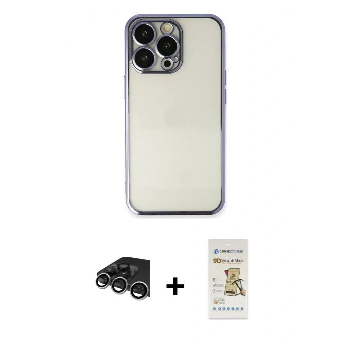 MARSİLYAN™- iPhone 14 Pro Max Kılıf Vadi Minimal - Siyah Mat Seramik Nano Ekran Koruyucu + Raze Metal Kamera Lens - GS