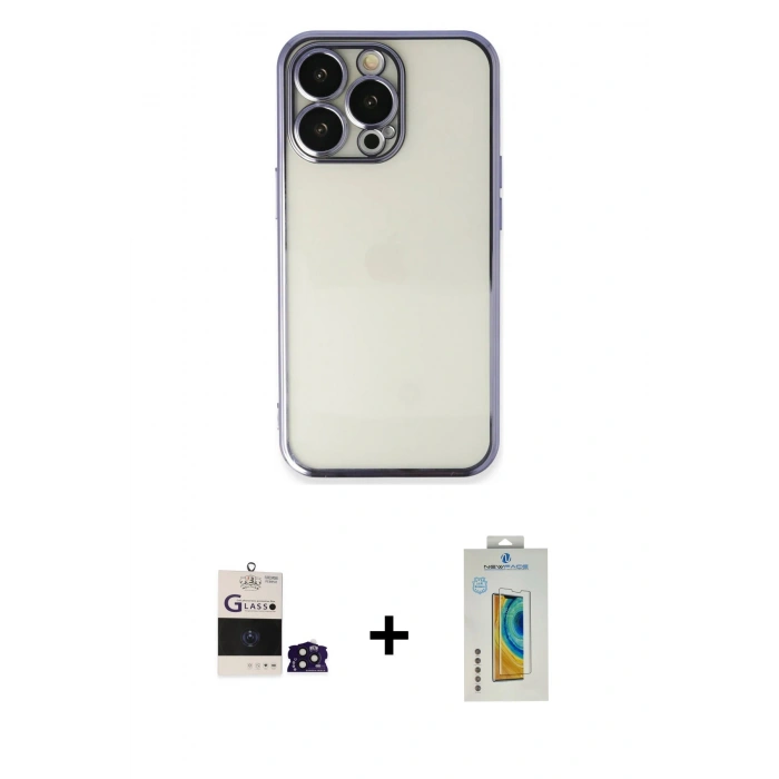 MARSİLYAN™- iPhone 14 Pro Max Kılıf Vadi Minimal - Siyah Polymer Nano Ekran Koruyucu + Derin Mor Bilvis Titan Kamera Lens