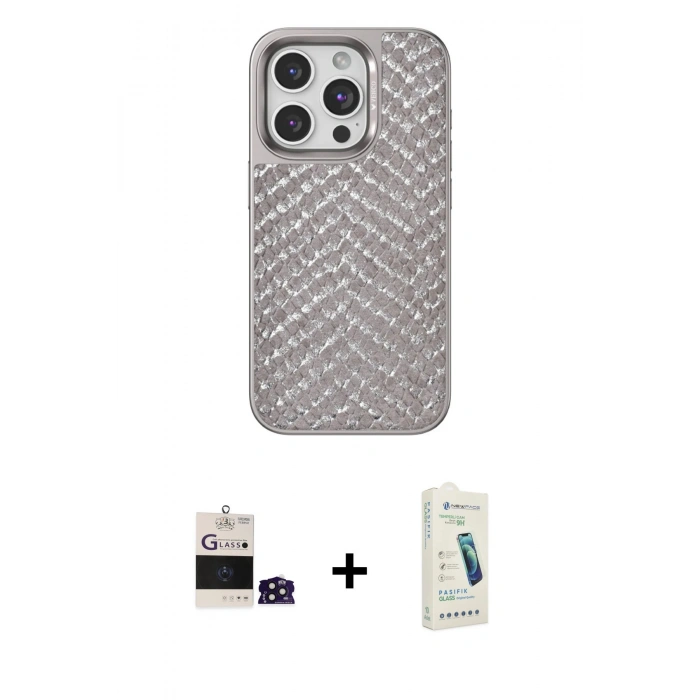MARSİLYAN™- iPhone 14 Pro Max Kılıf Vadi Özel Seri - Şeffaf Pasifik Cam Ekran Koruyucu + Derin Mor Bilvis Titan Kamera Lens