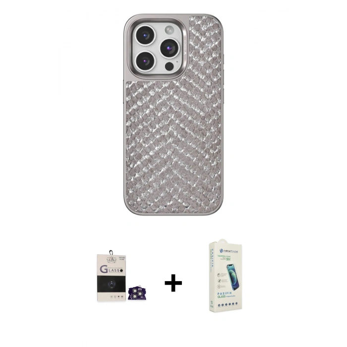 MARSİLYAN™- iPhone 14 Pro Max Kılıf Vadi Özel Seri - Şeffaf Pasifik Cam Ekran Koruyucu + Gümüş Bilvis Titan Kamera Lens