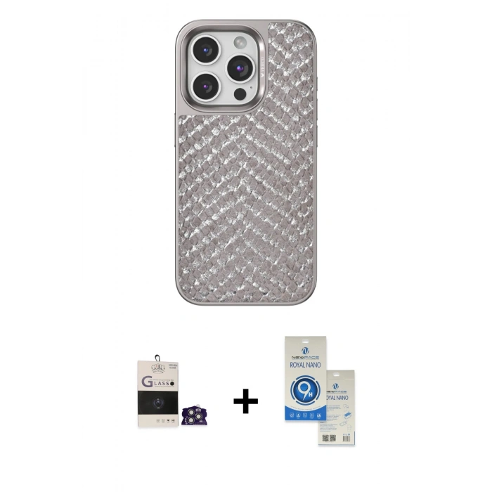 MARSİLYAN™- iPhone 14 Pro Max Kılıf Vadi Özel Seri - Şeffaf Royal Nano Ekran Koruyucu + Gümüş Bilvis Titan Kamera Lens