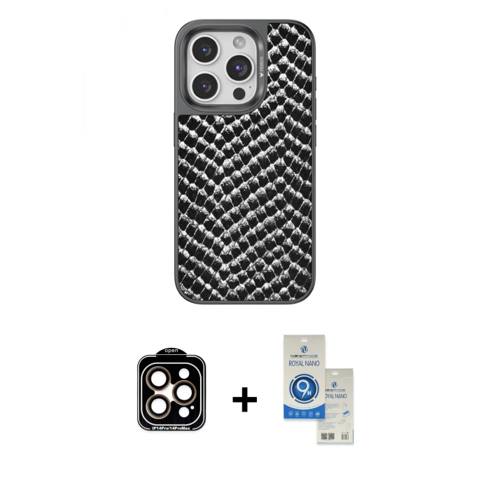 MARSİLYAN™- iPhone 14 Pro Max Kılıf Vadi Özel Seri - Şeffaf Royal Nano Ekran Koruyucu + PVD Metal Kamera Lens - TU