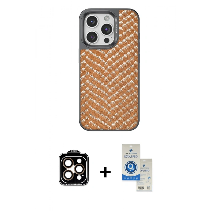 MARSİLYAN™- iPhone 14 Pro Max Kılıf Vadi Özel Seri - Şeffaf Royal Nano Ekran Koruyucu + PVD Metal Kamera Lens - TU
