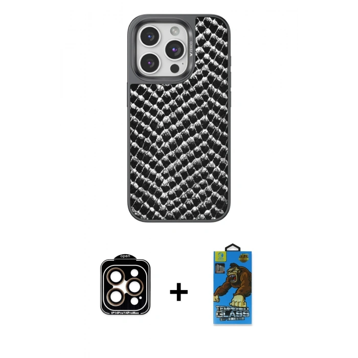 MARSİLYAN™- iPhone 14 Pro Max Kılıf Vadi Özel Seri - Siyah 18D Cam Ekran Koruyucu + PVD Metal Kamera Lens - TU