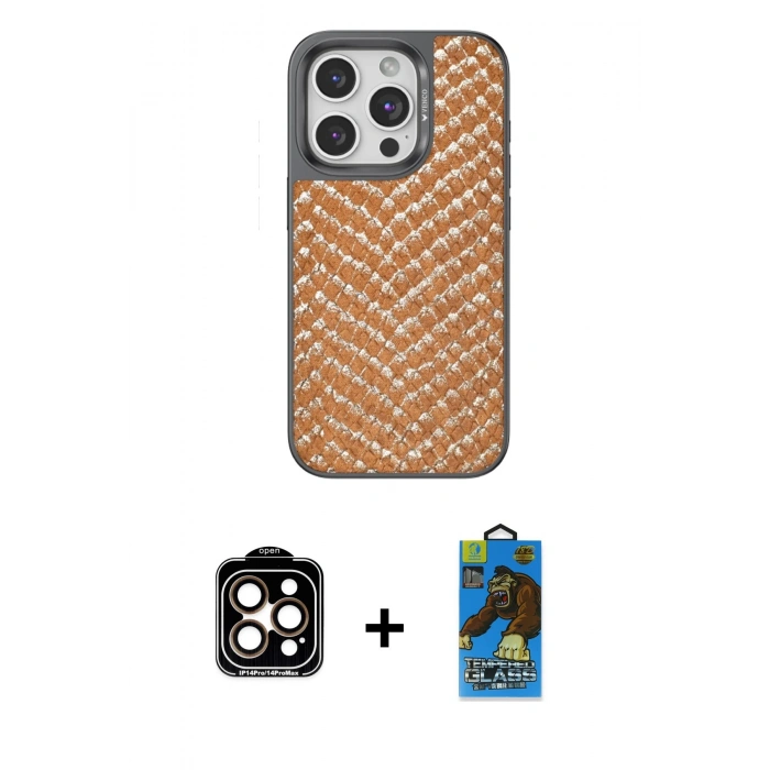MARSİLYAN™- iPhone 14 Pro Max Kılıf Vadi Özel Seri - Siyah 18D Cam Ekran Koruyucu + PVD Metal Kamera Lens - TU