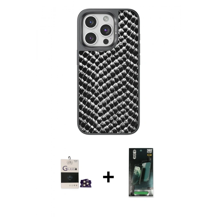 MARSİLYAN™- iPhone 14 Pro Max Kılıf Vadi Özel Seri - Siyah 360 Mat Full Body Arka Koruyucu + Gold Bilvis Titan Kamera Lens