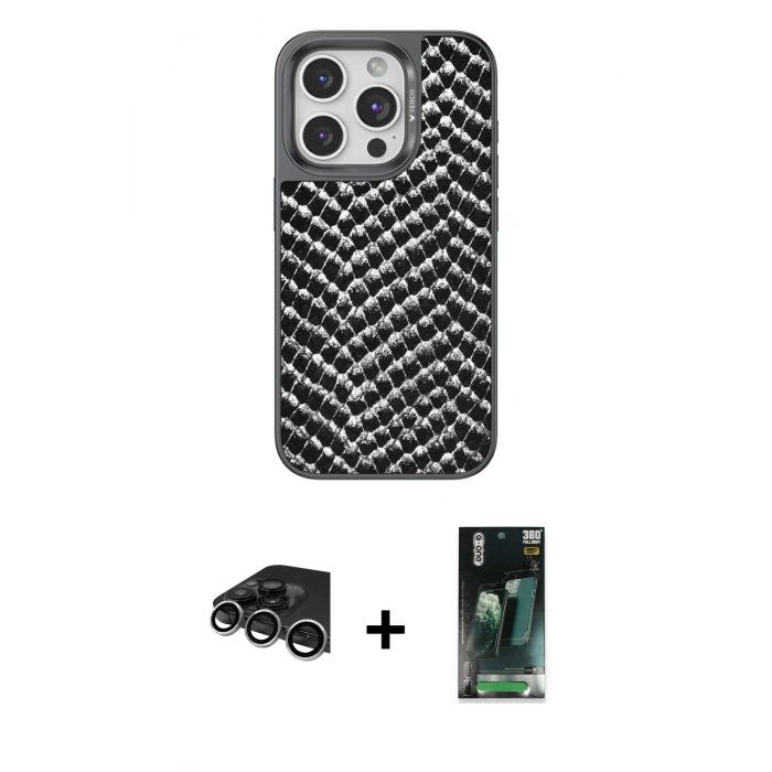 MARSİLYAN™- iPhone 14 Pro Max Kılıf Vadi Özel Seri - Siyah 360 Mat Full Body Arka Koruyucu + Gümüş Raze Metal Kamera Lens