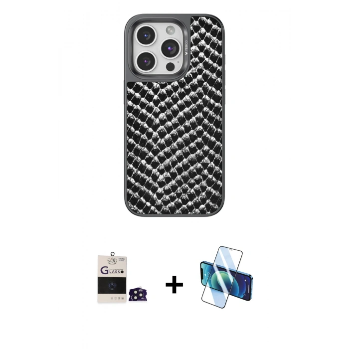 MARSİLYAN™- iPhone 14 Pro Max Kılıf Vadi Özel Seri - Siyah 3D Antistatik Cam Ekran Koruyucu + Bilvis Titan Kamera Lens - DNMR