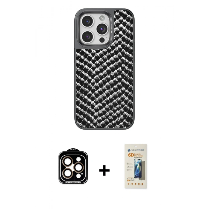 MARSİLYAN™- iPhone 14 Pro Max Kılıf Vadi Özel Seri - Siyah 6D Mat Seramik Hayalet Nano Ekran Koruyucu + Turuncu PVD Metal Kamera Lens