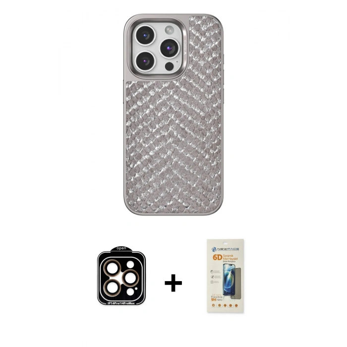 MARSİLYAN™- iPhone 14 Pro Max Kılıf Vadi Özel Seri - Siyah 6D Mat Seramik Hayalet Nano Ekran Koruyucu + Turuncu PVD Metal Kamera Lens