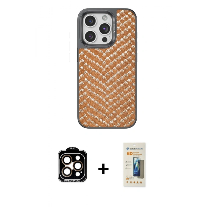 MARSİLYAN™- iPhone 14 Pro Max Kılıf Vadi Özel Seri - Siyah 6D Mat Seramik Hayalet Nano Ekran Koruyucu + Turuncu PVD Metal Kamera Lens