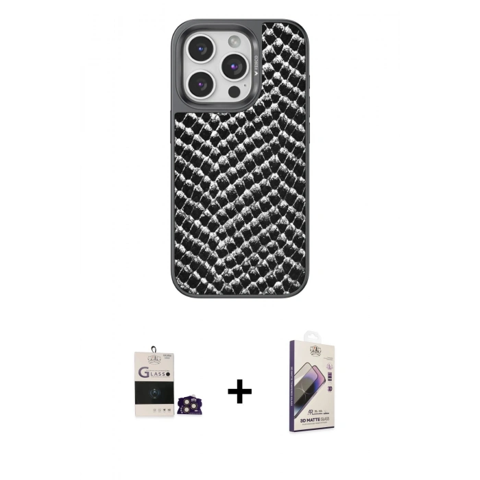 MARSİLYAN™- iPhone 14 Pro Max Kılıf Vadi Özel Seri - Siyah Bilvis 3D Mat Cam Ekran Koruyucu + Bilvis Titan Kamera Lens - GD