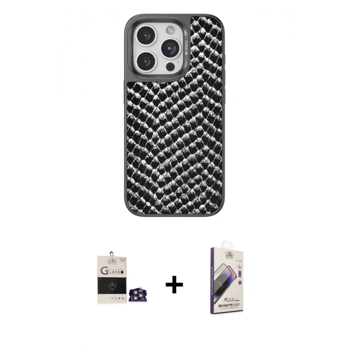 MARSİLYAN™- iPhone 14 Pro Max Kılıf Vadi Özel Seri - Siyah Bilvis 3D Mat Cam Ekran Koruyucu + Bilvis Titan Kamera Lens - GS