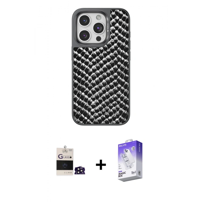 MARSİLYAN™- iPhone 14 Pro Max Kılıf Vadi Özel Seri - Siyah Bilvis 5in1 3D Magic Cam Ekran Koruyucu + Derin Mor Bilvis Titan Kamera Lens