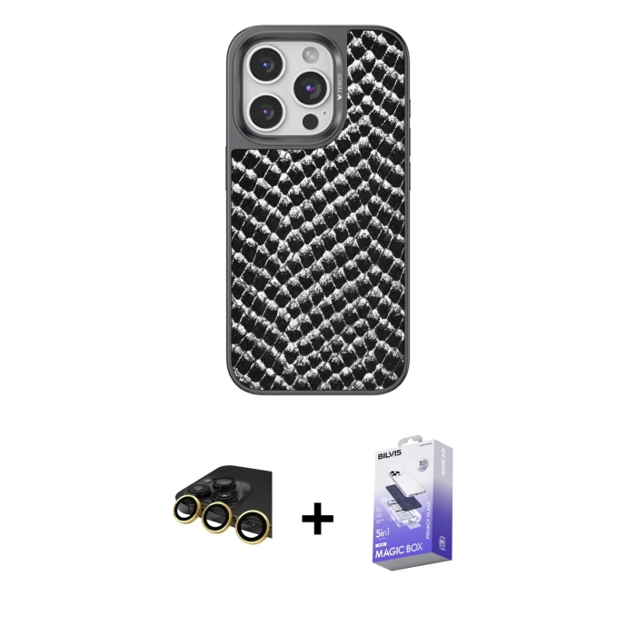 MARSİLYAN™- iPhone 14 Pro Max Kılıf Vadi Özel Seri - Siyah Bilvis 5in1 5D Magic Hayalet Cam Ekran Koruyucu + Gold Raze Metal Kamera Lens
