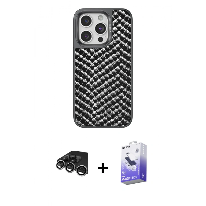 MARSİLYAN™- iPhone 14 Pro Max Kılıf Vadi Özel Seri - Siyah Bilvis 5in1 5D Magic Hayalet Cam Ekran Koruyucu + Raze Metal Kamera Lens - GS
