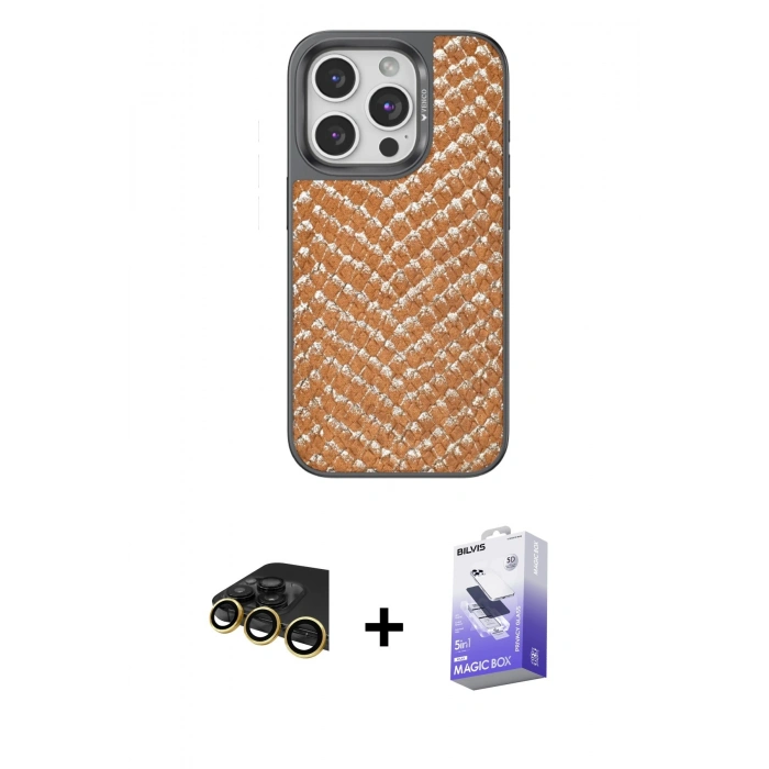 MARSİLYAN™- iPhone 14 Pro Max Kılıf Vadi Özel Seri - Siyah Bilvis 5in1 5D Magic Hayalet Cam Ekran Koruyucu + Gold Raze Metal Kamera Lens