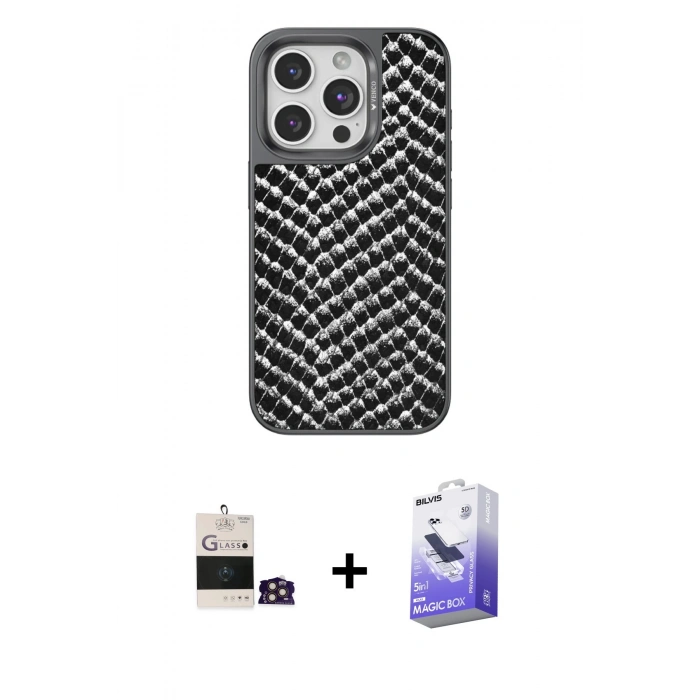 MARSİLYAN™- iPhone 14 Pro Max Kılıf Vadi Özel Seri - Siyah Bilvis 5in1 5D Magic Hayalet Cam Ekran Koruyucu + Bilvis Titan Kamera Lens - GD