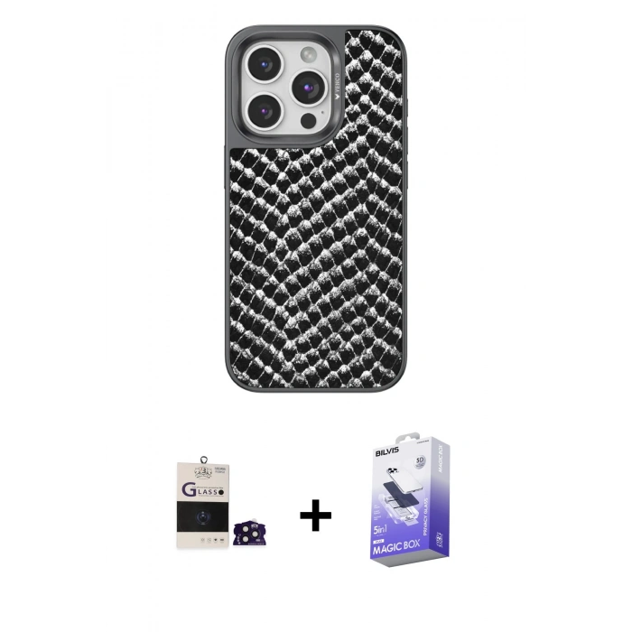 MARSİLYAN™- iPhone 14 Pro Max Kılıf Vadi Özel Seri - Siyah Bilvis 5in1 5D Magic Hayalet Cam Ekran Koruyucu + Bilvis Titan Kamera Lens - DNMR