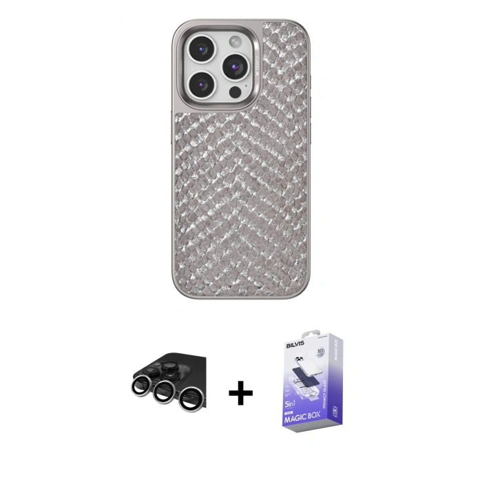 MARSİLYAN™- iPhone 14 Pro Max Kılıf Vadi Özel Seri - Siyah Bilvis 5in1 5D Magic Hayalet Cam Ekran Koruyucu + Raze Metal Kamera Lens - GS