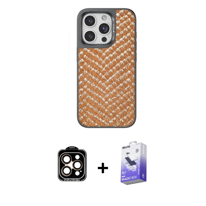 MARSİLYAN™- iPhone 14 Pro Max Kılıf Vadi Özel Seri - Siyah Bilvis 5in1 5D Magic Hayalet Cam Ekran Koruyucu + PVD Metal Kamera Lens - TU
