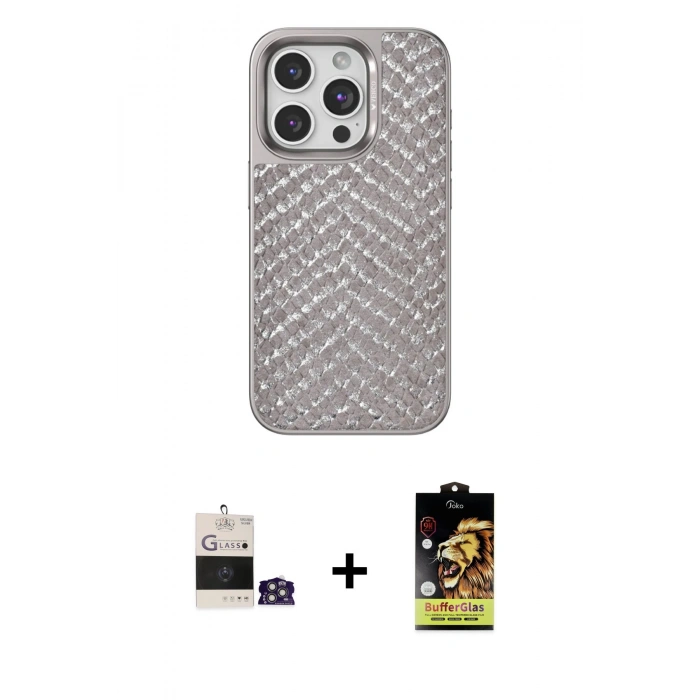 MARSİLYAN™- iPhone 14 Pro Max Kılıf Vadi Özel Seri - Siyah Buffer Cam Ekran Koruyucu + Gümüş Bilvis Titan Kamera Lens