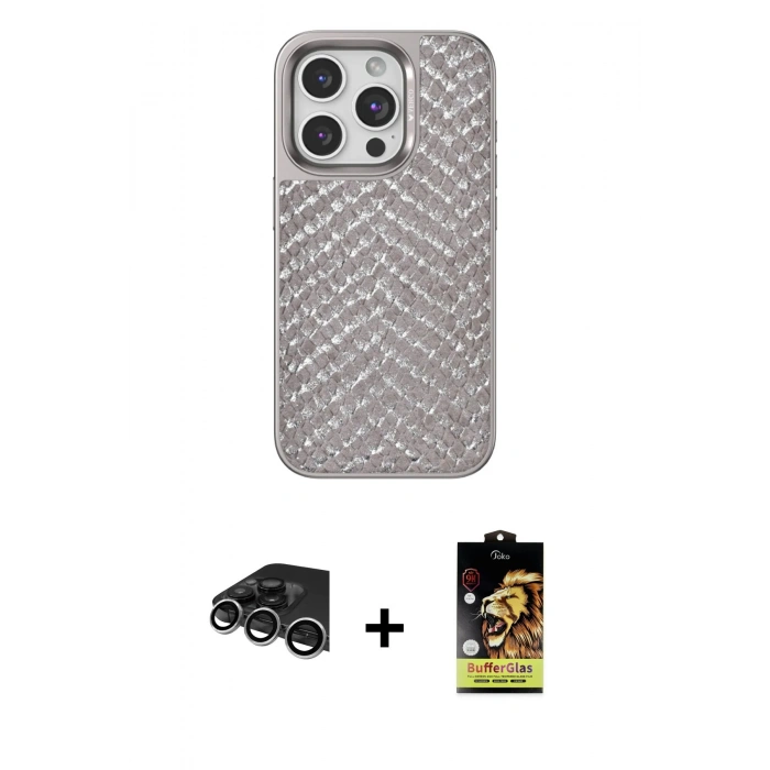 MARSİLYAN™- iPhone 14 Pro Max Kılıf Vadi Özel Seri - Siyah Buffer Cam Ekran Koruyucu + Gümüş Raze Metal Kamera Lens