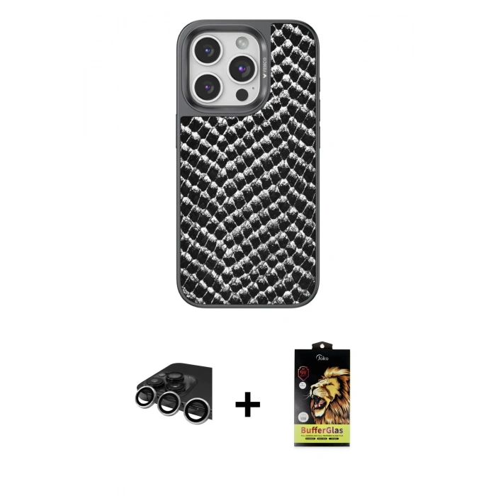 MARSİLYAN™- iPhone 14 Pro Max Kılıf Vadi Özel Seri - Siyah Buffer Cam Ekran Koruyucu + Gümüş Raze Metal Kamera Lens