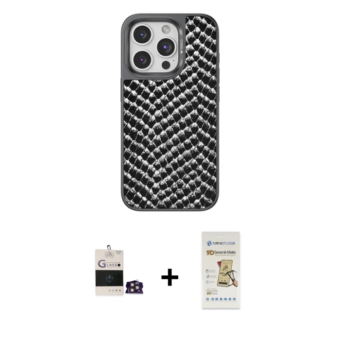 MARSİLYAN™- iPhone 14 Pro Max Kılıf Vadi Özel Seri - Siyah Mat Seramik Nano Ekran Koruyucu + Bilvis Titan Kamera Lens - GD