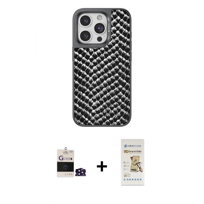 MARSİLYAN™- iPhone 14 Pro Max Kılıf Vadi Özel Seri - Siyah Mat Seramik Nano Ekran Koruyucu + Bilvis Titan Kamera Lens - DNMR