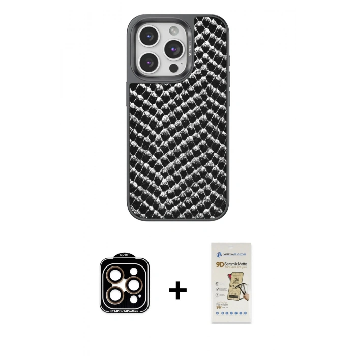 MARSİLYAN™- iPhone 14 Pro Max Kılıf Vadi Özel Seri - Siyah Mat Seramik Nano Ekran Koruyucu + PVD Metal Kamera Lens - TU