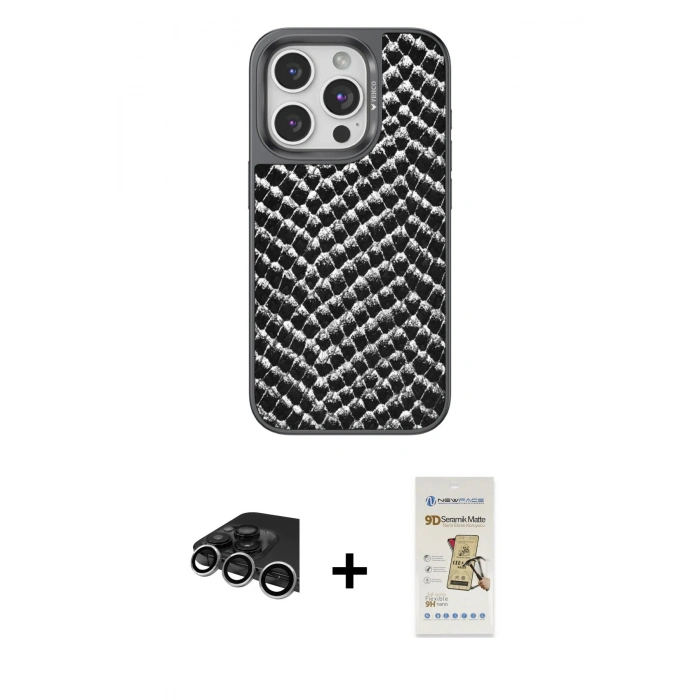 MARSİLYAN™- iPhone 14 Pro Max Kılıf Vadi Özel Seri - Siyah Mat Seramik Nano Ekran Koruyucu + Raze Metal Kamera Lens - GS
