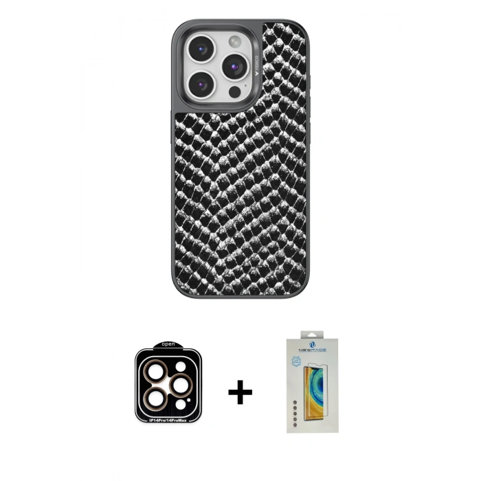 MARSİLYAN™- iPhone 14 Pro Max Kılıf Vadi Özel Seri - Siyah Polymer Nano Ekran Koruyucu + PVD Metal Kamera Lens - TU