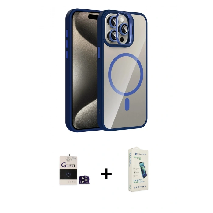 MARSİLYAN™- iPhone 14 Pro Max Kılıf Yadigar Asil Koleksiyonu - Şeffaf Pasifik Cam Ekran Koruyucu + Derin Mor Bilvis Titan Kamera Lens