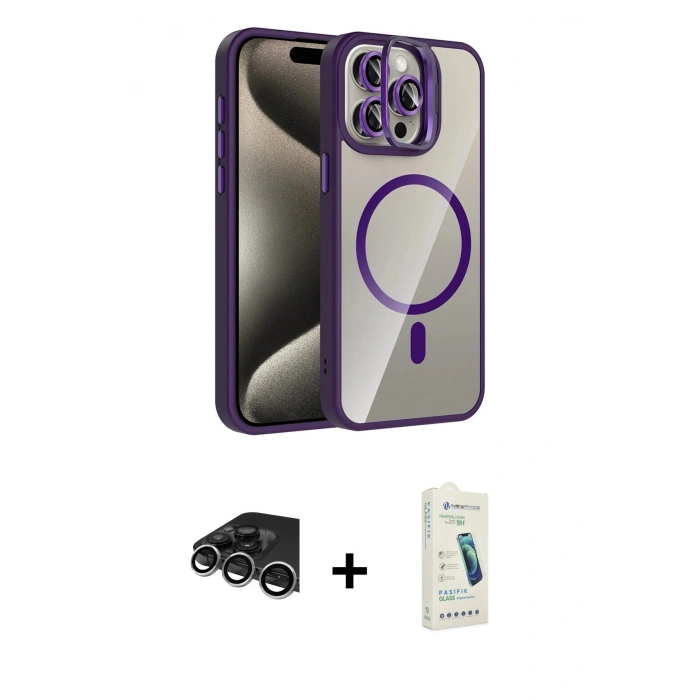 MARSİLYAN™- iPhone 14 Pro Max Kılıf Yadigar Asil Koleksiyonu - Şeffaf Pasifik Cam Ekran Koruyucu + Gümüş Raze Metal Kamera Lens