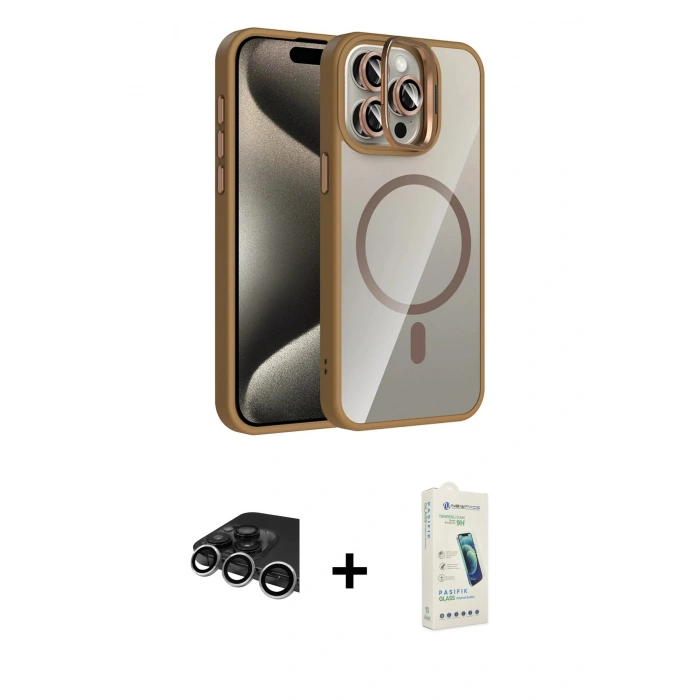 MARSİLYAN™- iPhone 14 Pro Max Kılıf Yadigar Asil Koleksiyonu - Şeffaf Pasifik Cam Ekran Koruyucu + Gümüş Raze Metal Kamera Lens